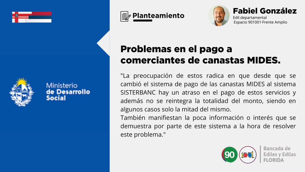 lista901001's tweet photo. #Planteo El edil departamental Fabiel González manifestó la preocupación de comerciantes de la zona sur del departamento ante el atraso de los pagos de las canastas MIDES.
Lee el planteo de forma completa aquí: https://t.co/9cevZHZKay https://t.co/oKcWbZpxZv