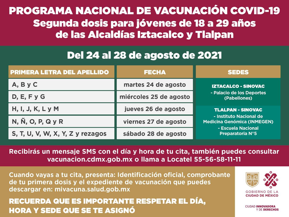#SomosPTTlalpan ⭐️

#HoyDomingoEsNoticia Aplicarán segunda dosis a jóvenes de 18 a 29 años de Tlalpan e Iztacalco.

Página de Internet: vacunación.cdmx.gob.mx

#ElPTEstáDeTuLado ⭐️
#CaminandoJuntosXTlalpan ⭐
#EsteCambioYaNadieLoDetiene⭐ 

jornada.com.mx/notas/2021/08/…