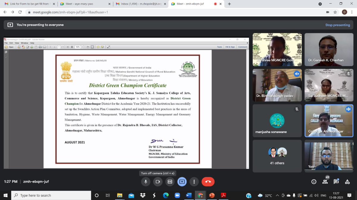 Kopargaon Taluka Educaton Society’s K. J. Somaiya College of Arts, Commerce and Science, Kopargaon, Ahmednagar received “District Green Champion” award for implementing the best practices in Swachhta from Dr. Rajendra B. Bhosale IAS, District Collector of Ahmednagar, Maharashtra.