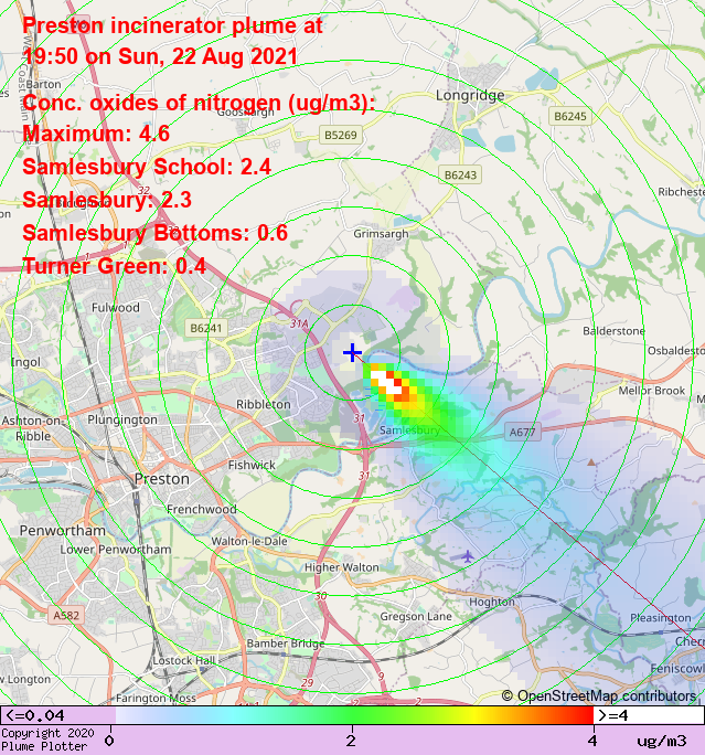 plumeplotter's tweet photo. Latest Preston incinerator plume plot, 19:50 22/08/21 #Samlesbury #SamlesburyBottoms #TurnerGreen https://t.co/vYUTMnLQDm https://t.co/wPgunMB7DO