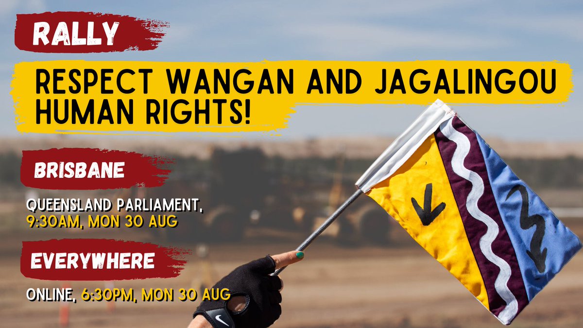 WJWarriors's tweet photo. Join with supporters next Monday 30 August to demand the QLD government and Adani's investors respect Wangan and Jagalingou human rights by ensuring our land and waters are protected from Adani. 
Brisbane rally: https://t.co/dkADvDgK7d
Online rally: https://t.co/mSCfkBQc25 https://t.co/KETsDMfQyY