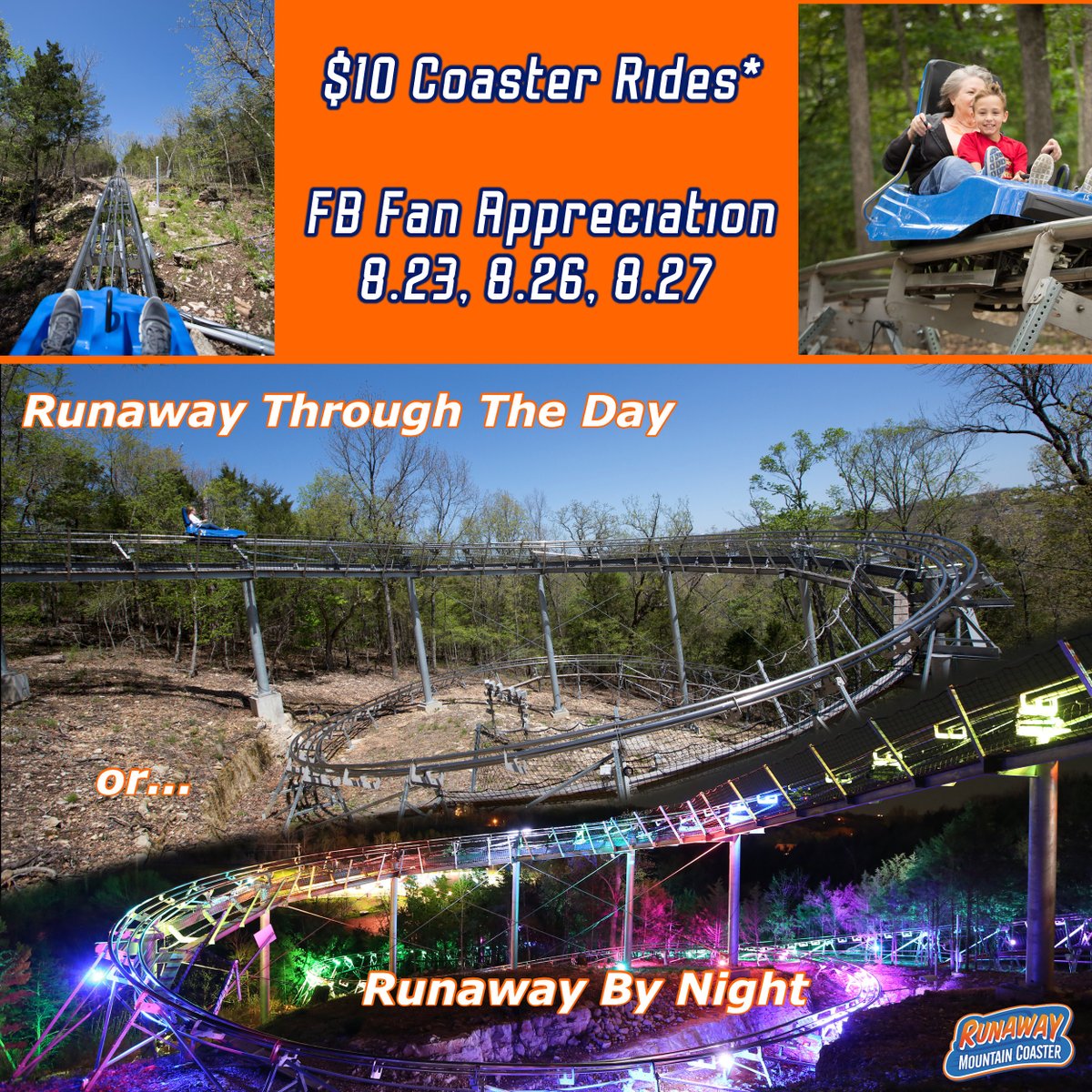RunawayCoaster's tweet photo. Area &amp; Fan Appreciation! $10 Rides for Our Biggest Supporters! Show us that you've liked our FB page &amp; you can get a Runaway driver ticket for $10+tax, 8/23, 26 &amp; 27. Offer valid during scheduled operating hours (weather permitting). Can't be combined with other offers. https://t.co/nHqhat49UW