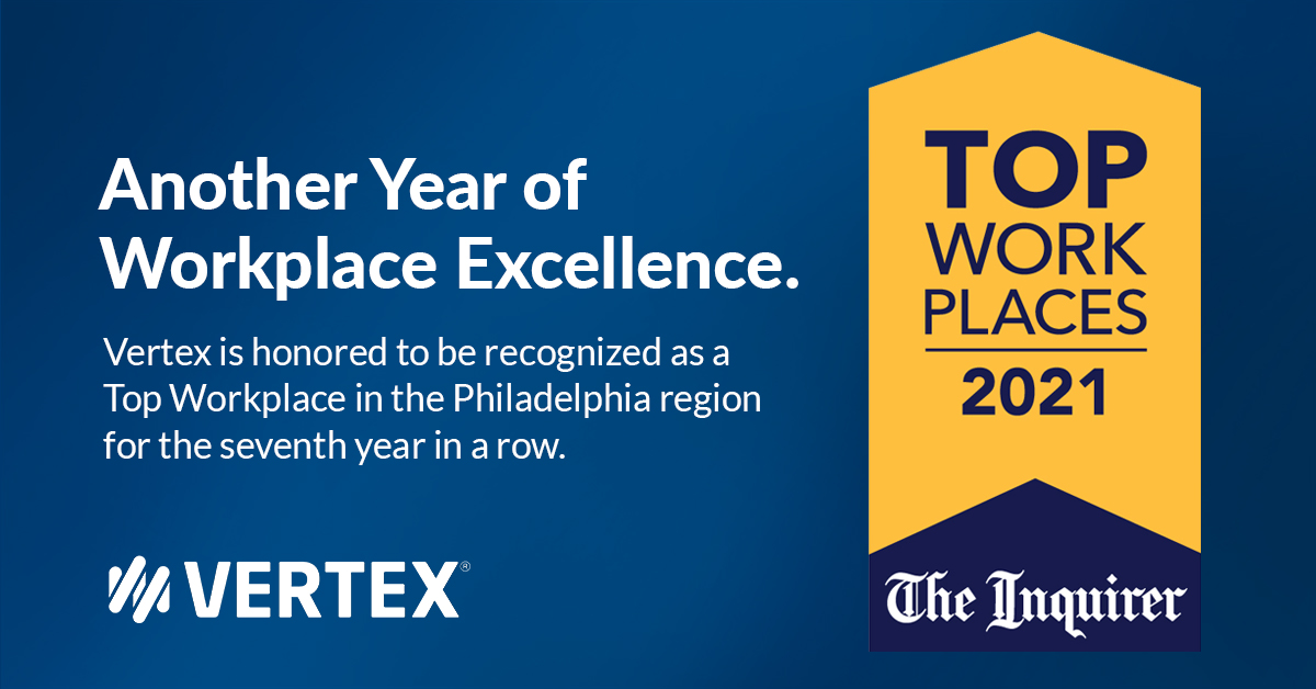 D_DeStefano_CEO's tweet photo. Proud that @vertexinc has been named to the @TopWorkplaces list by the @PhillyInquirer for the 7th year in a row. https://t.co/BwNL88O04X  #TopWorkplaces https://t.co/ecm9VuCbDy