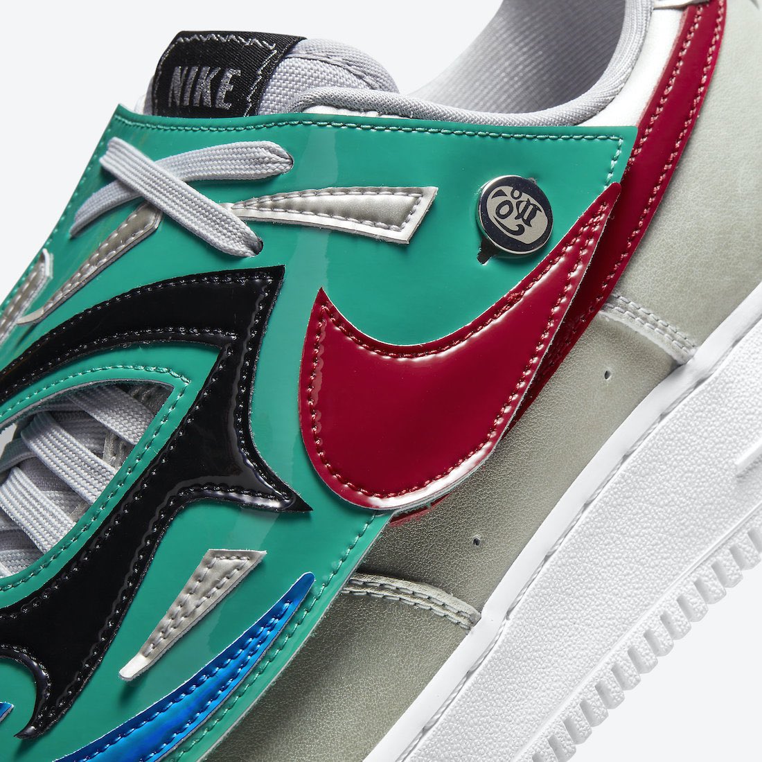 kicksonfire's tweet photo. Got any wrestling fans out there? Get an official look at the Nike Air Force 1 Low Lucha Libre. The silver upper is covered in a vibrant oversized patent leather mask-inspired lace shroud. https://t.co/emcA4FZC63