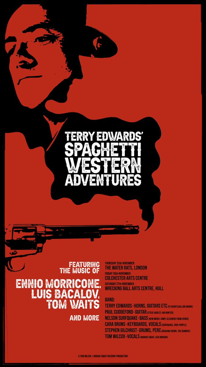 Terry Edwards' Spaghetti Western Adventures, featuring the music of Ennio Morricone, Luis Bacalov, Bruno Nicolai and also more recent artists that have been influenced by the western film soundtrack genre. We will be playing this November in London, Colchester and Hull