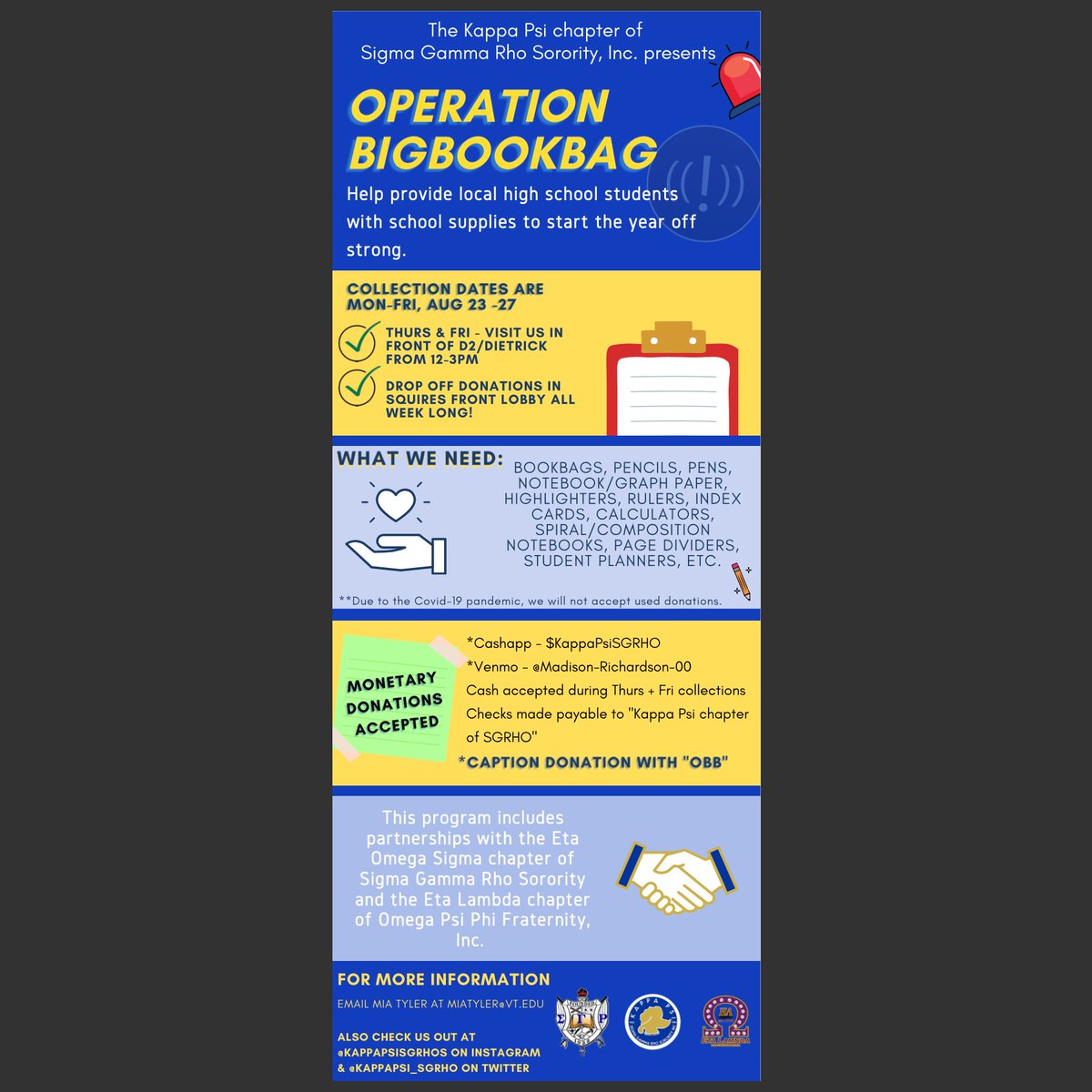 KappaPsi_SGRHO's tweet photo. Please help Kappa Psi donate this upcoming week (8/23-8/29) for OPERATION BIGBOOKBAG to help prepare students in need for the 2021-2022 school year! 

Attached below are the requested items. Monetary donations are appreciated as well. Please share! https://t.co/6HrSeleWyh
