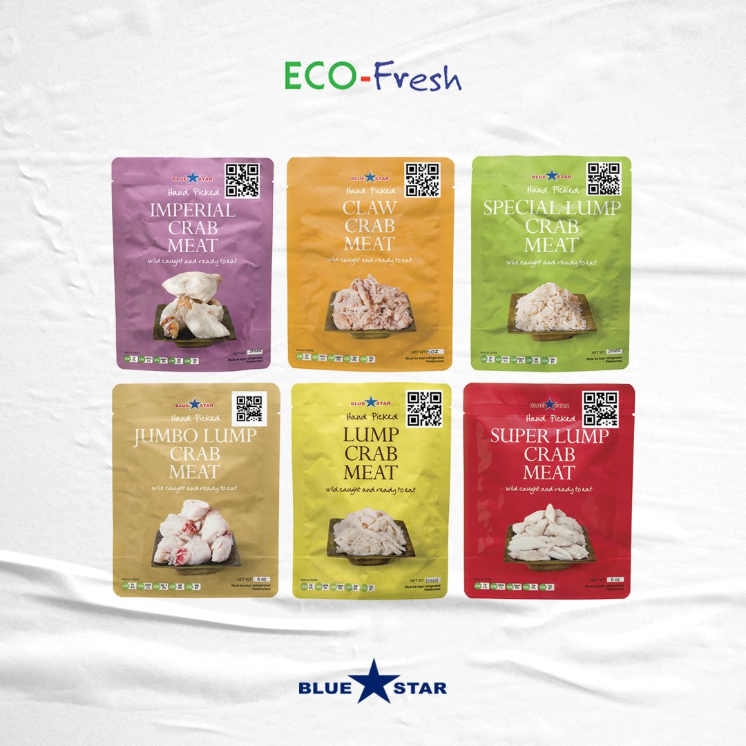 BlueStarFoodsCo's tweet photo. A 1 Lb. Eco-fresh Pouch realizes a 60% material greenhouse release savings compared to a 1 Lb. Can ♻️🍃🦀

#SustainableLiving #Green #EcoFresh #OrganicProduct #BlueStarFoods https://t.co/nxKZbNIdmc