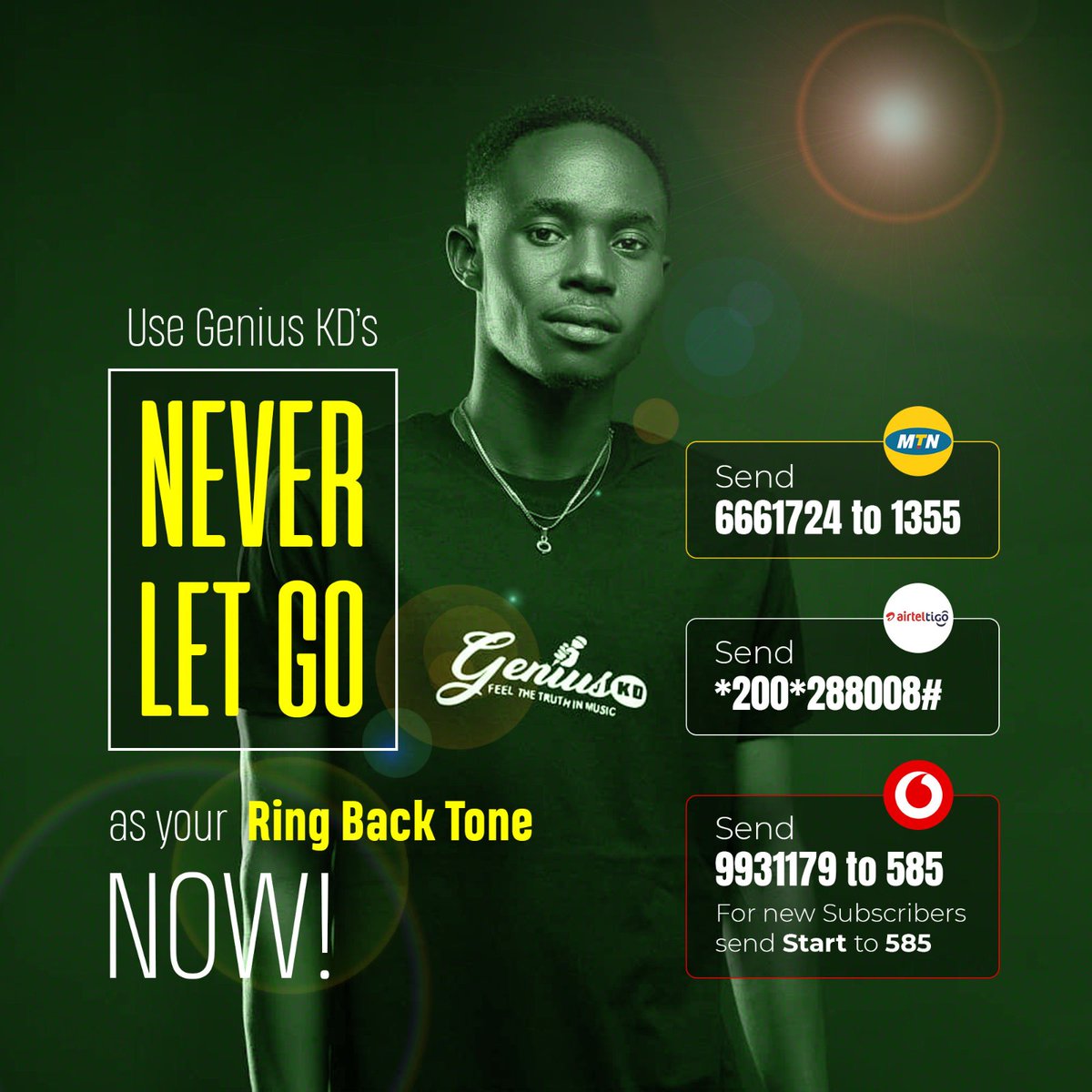 GeniuskdGh's tweet photo. ππππππ€©π€©π€©π€©π§ββοΈπ§π¨βπ¨βπ¦
Use #NeverLetGo as your ring back tone now via the codes below.
*MTN-Send 6661724 to 1355 .
*Vodafone-send 993179 to 585
*AirtelTigo -Send *200*28808
#Geniuskd # MtnGhana #AirtelTigoΒ #vodafone Ghana #CoreGenius # https://t.co/galKktmsR5
