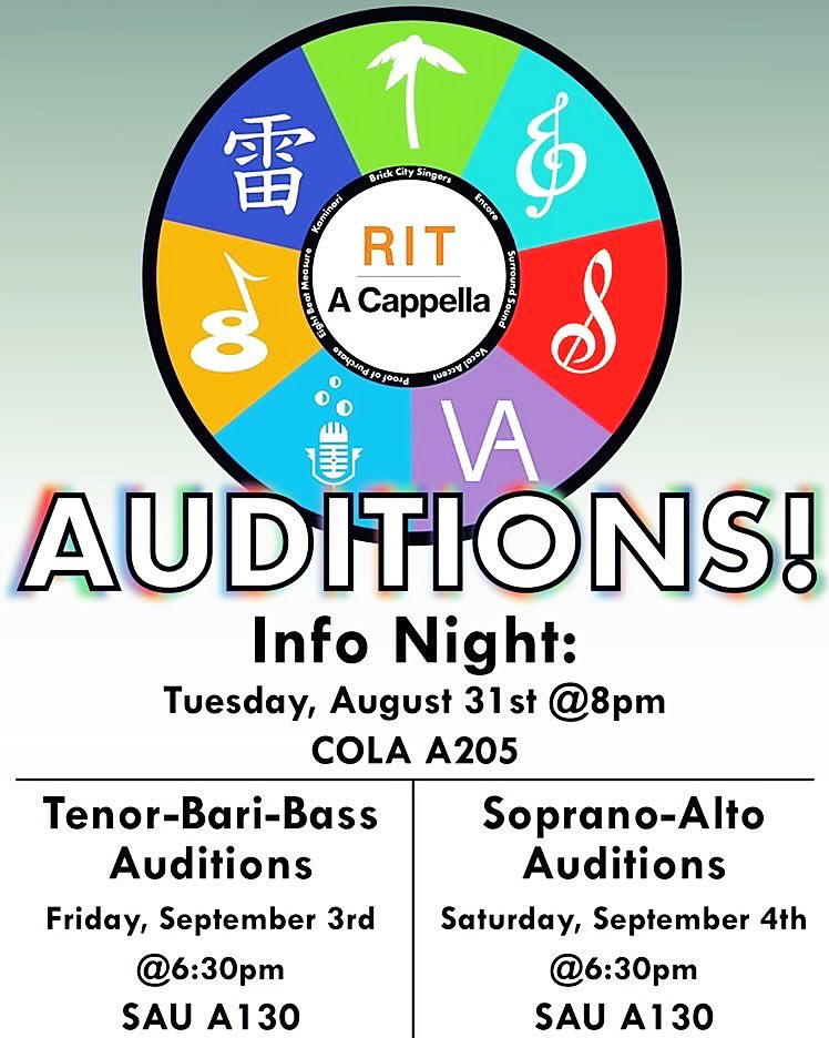 🎵CALLING ALL RIT SINGERS!!!🎵
Join us Tues, August 31st <a href="/8pm/">8pm</a> in COLA A205 for our A Cappella Info Night and learn about all the A Capella Groups RIT has to offer!! There is a group for everyone here at RIT. We look forward to seeing you &amp; welcoming you to the A Cappella Family!!