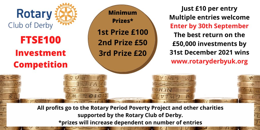 Join our Fantasy #FTSE League with our new #competition. Make up to 5 investments to the value of £50,000 and those with the best investments after three months win cash prizes. All proceeds charities including the Rotary Period Poverty Project. forms.gle/GY1Zb8LzkDGcye…