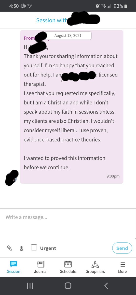 Sullivanwrites's tweet photo. Sooo, went to sign up for therapy on #BetterHelp and this happened. She knew I was gay. So this was her reply. And people wonder why LGBTQ are so hesitant to reach out for help. This is humiliating and dehumanizing. #DoBetter #fuckbh #LGBTQ https://t.co/7HeOGUKszI