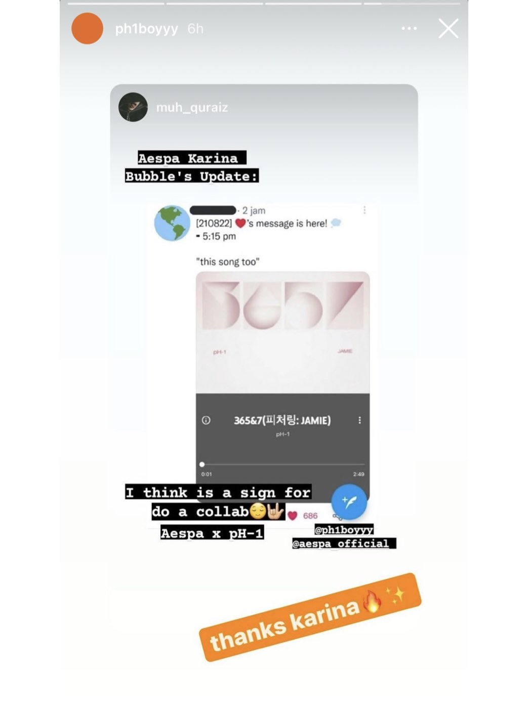 Rapper Ph 1 Recently Thanked Karina On His Instagram Story For Recommending His Song 365 Amp 7 On Bubble Earlier Karina 카리나 Aespa 에스파 T Co Kl8h01ferq Twitter