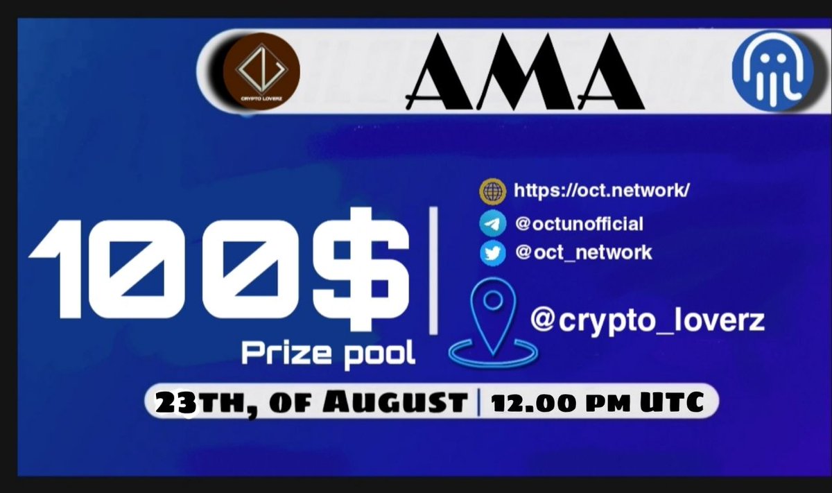 AME_PAY's tweet photo. 🔊New #AMA with #Oct_Network
⏰ Date : 24th August , 12:00pm UTC

 ✴️Rewards: 100$ USDT

⚠️ Requirements :

🔶Follow @BebobeL_CL &amp; @oct_network
🔶Ask a question 
🔶Tag 3 friends 
🔶Join https://t.co/jMzpkRnV4R
🔶Join https://t.co/cw1BPIJzHw
⚠️do not copy from the others https://t.co/wpENTXSFeZ