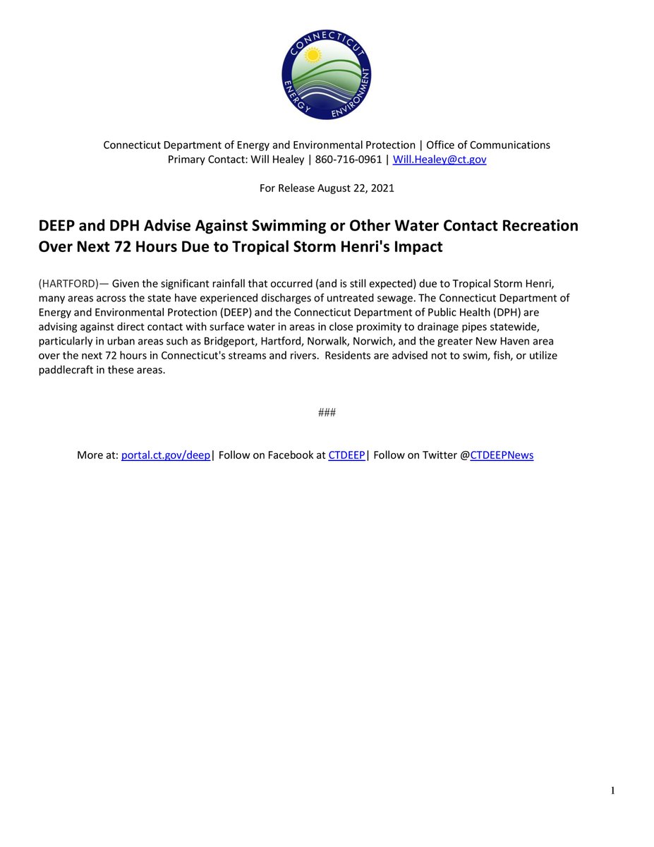 DEEP and <a href="/CTDPH/">CT Public Health</a>  are advising against direct contact with surface water in areas in close proximity to drainage pipes statewide, particularly in urban areas such as Bridgeport, Hartford, Norwalk, Norwich, and the New Haven area over the next 72 hours.   portal.ct.gov/DEEP/News-Rele…