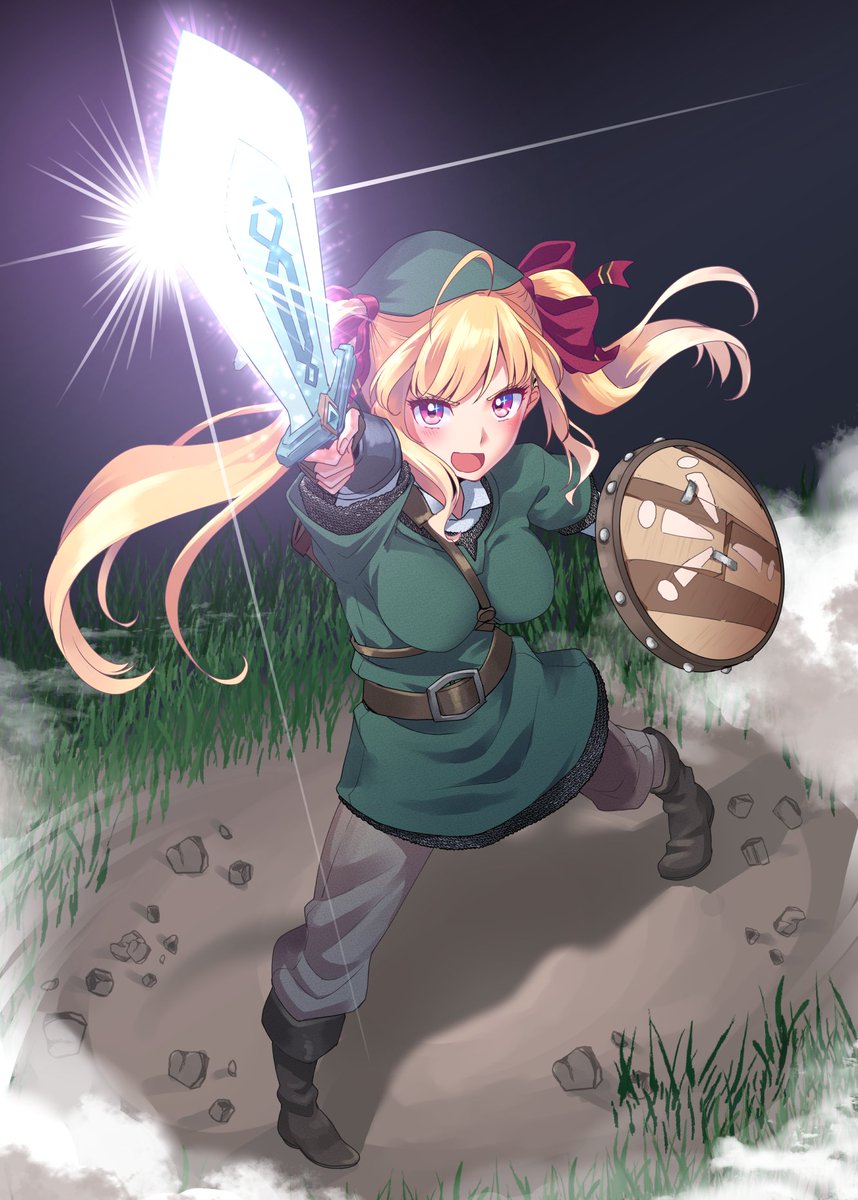 link ,takamiya rion 1girl cosplay weapon blonde hair shield sword solo  illustration images