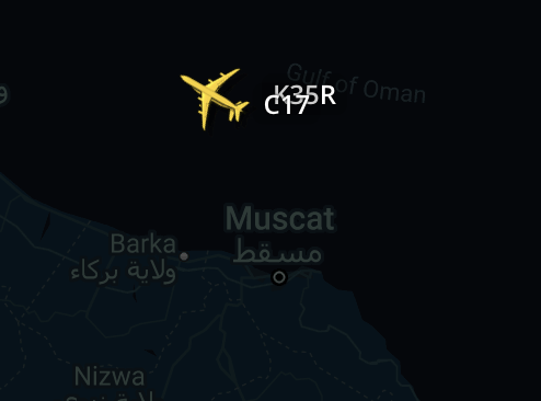 aircraftrack's tweet photo. A C-17 of the USAF is currently aerial refueling with a KC-135 over the Gulf of Oman.
#MOOSE61 | #AE035F https://t.co/K2SSOGPO4h