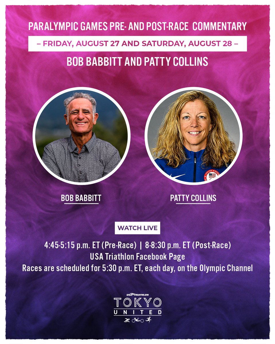 Bob_Babbitt's tweet image. Join us for pre- and post-race commentary for the #Paralympics Para Triathlon 
Tune into USA Triathlon&apos;s Facebook page: facebook.com/USATriathlon
Pre-race commentary begins at 4:45 p.m. ET and post-race commentary at 8 p.m. ET on both days.