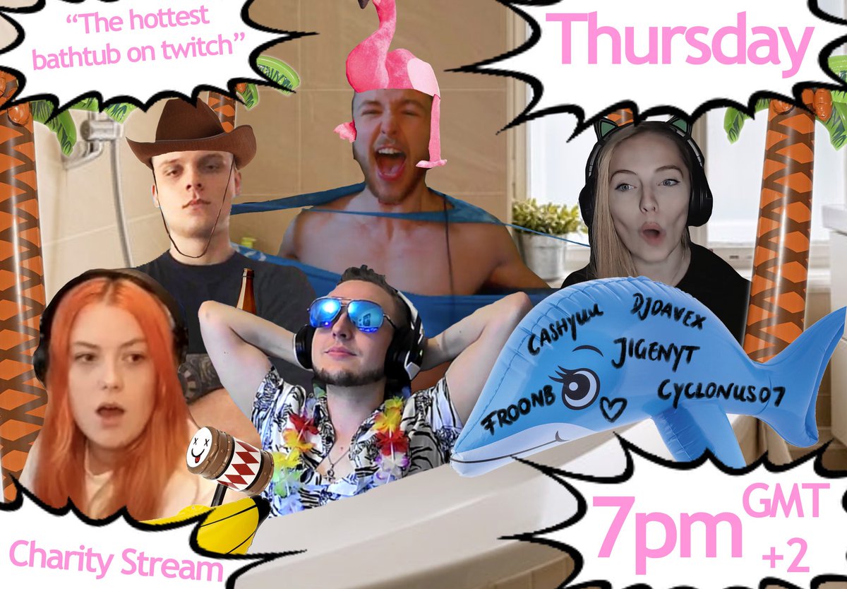cashyuutv's tweet photo. BATHTUB STREAM ON THURSDAY! YOU CANT MISS THIS ft. @froonb1 @Cyclonus07 @notDjDavex &amp; Jigen (get twitter you melon) https://t.co/Qiv15vdOAg