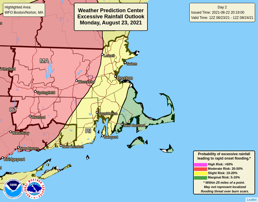 The remnants of #Henri will move back across southern New England Monday, possibly resulting in renewed flooding from scattered showers &amp; storms that will be accompanied by torrential downpours.  Also, an isolated brief tornado can't be ruled out Monday. #mawx #ctwx #riwx