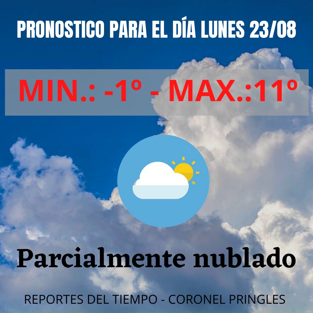 meteopringles's tweet photo. 🌤️Pronóstico para mañana lunes 23🌤️

Tendremos un lunes fresco durante la mañana con cuerpo parcialmente nublado, sin lluvias por el momento. https://t.co/m3BrJ7kDYH