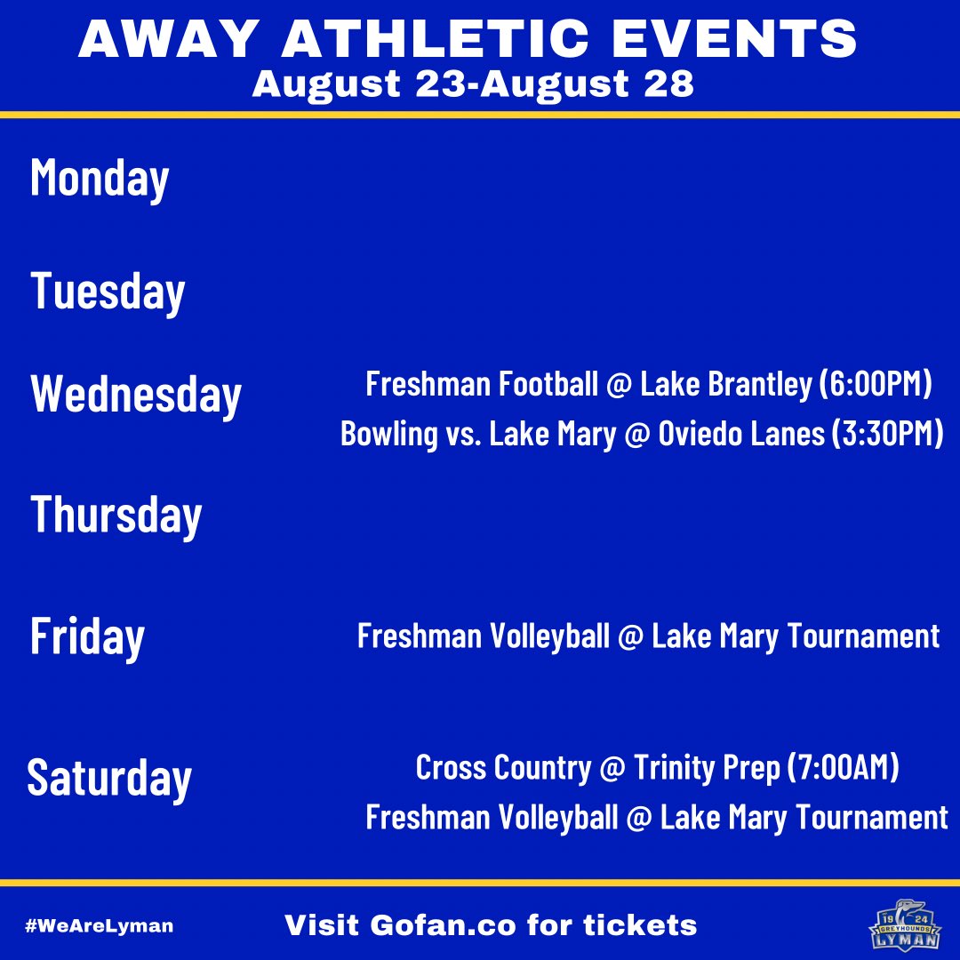 Lyman_Athletics's tweet photo. It’s going to be a great week! Visit https://t.co/Ktmd0i98He for tickets to the game and parking before we sell out! Good luck to our teams on the road this week! Go Greyhounds! @LymanFootball24 @LHSCheer12 @LymanHighSchool @huntermjmich https://t.co/gGYTN1iZLJ