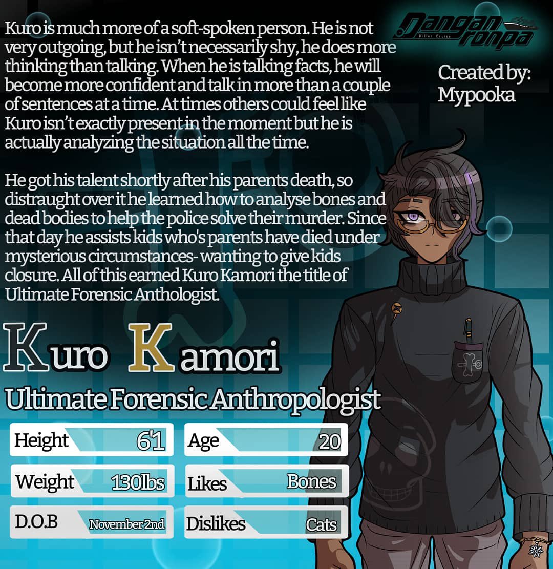 DRKillerCruise's tweet photo. Whoa! We’re late. Here’s a Kuro Kamori, Ultimate Forensic Anthropologist to make up for it! Kuro is owned by Mypooka#9628 and the art was done by @Ripple48530055 ! https://t.co/F2LB2fxZP2