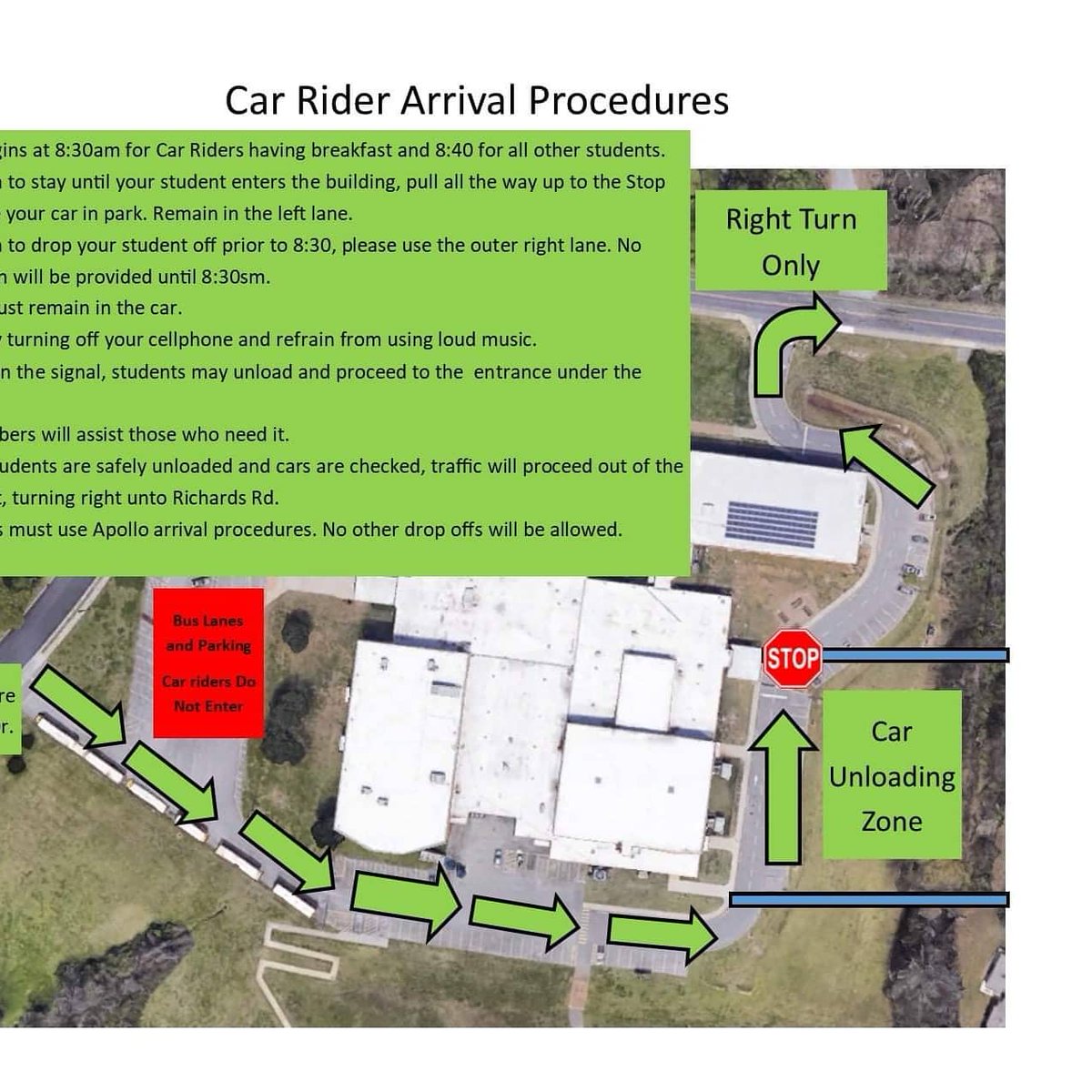 Good Evening Apollo Families,

Thank you for a successful first two weeks of school. As we begin to settle in, we want to remind everyone of our drop-off and pick-up procedures for car riders. Attached you will find two photos of our car rider line procedures.