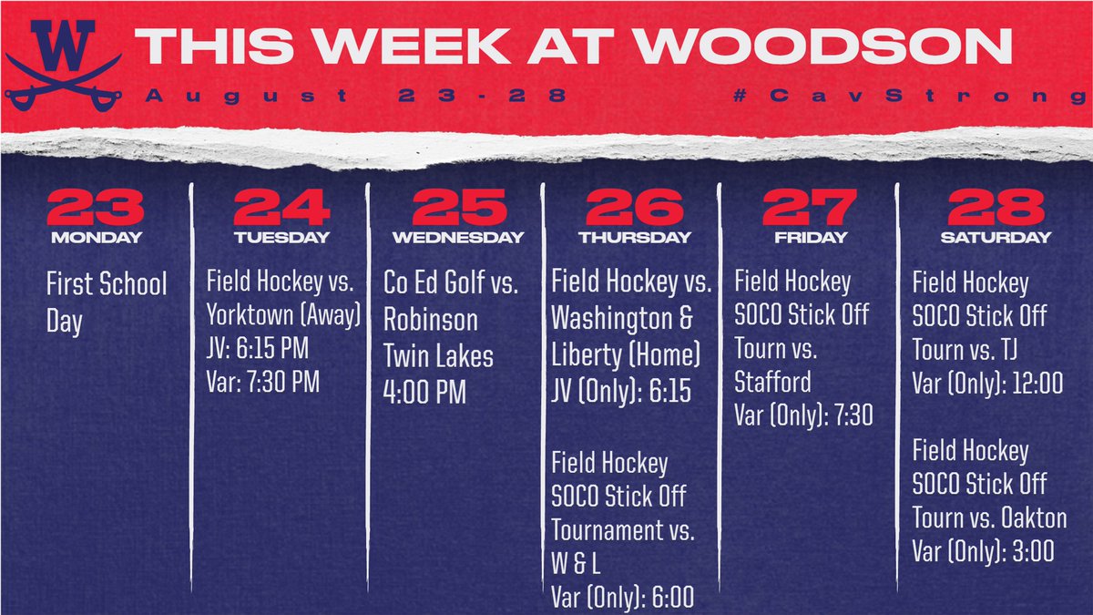 Woodson High School Athletics (@woodsonathletic) on Twitter photo Cavs in Action this week: 8/23-8/28
<a href="/CAVSfieldhockey/">Woodson Field Hockey</a> & Golf
Welcome back Cavs #ONEWoodson #CavStrong Cavs in Action this week: 8/23-8/28
<a href="/CAVSfieldhockey/">Woodson Field Hockey</a> & Golf
Welcome back Cavs #ONEWoodson #CavStrong