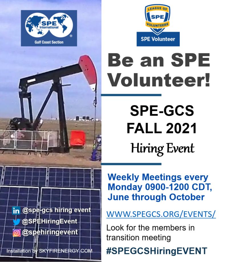 Call for volunteers: Hiring Event planning meeting Aug.23 at 9 am. spegcs.org/events/6093/ <a href="/SPEGCS/">SPE-GCS</a> @AACE #AADE @aapg <a href="/ACSGHS/">ACS-GHS</a>
<a href="/AICHESTS/">AIChE-STS</a> @aipnHQ <a href="/ALLYEnergyInc/">ALLY Energy</a> #ALRDC #ARMA <a href="/ASCEHouston/">ASCE Houston Branch</a> <a href="/ASMESouthTexas/">ASME South Texas</a>