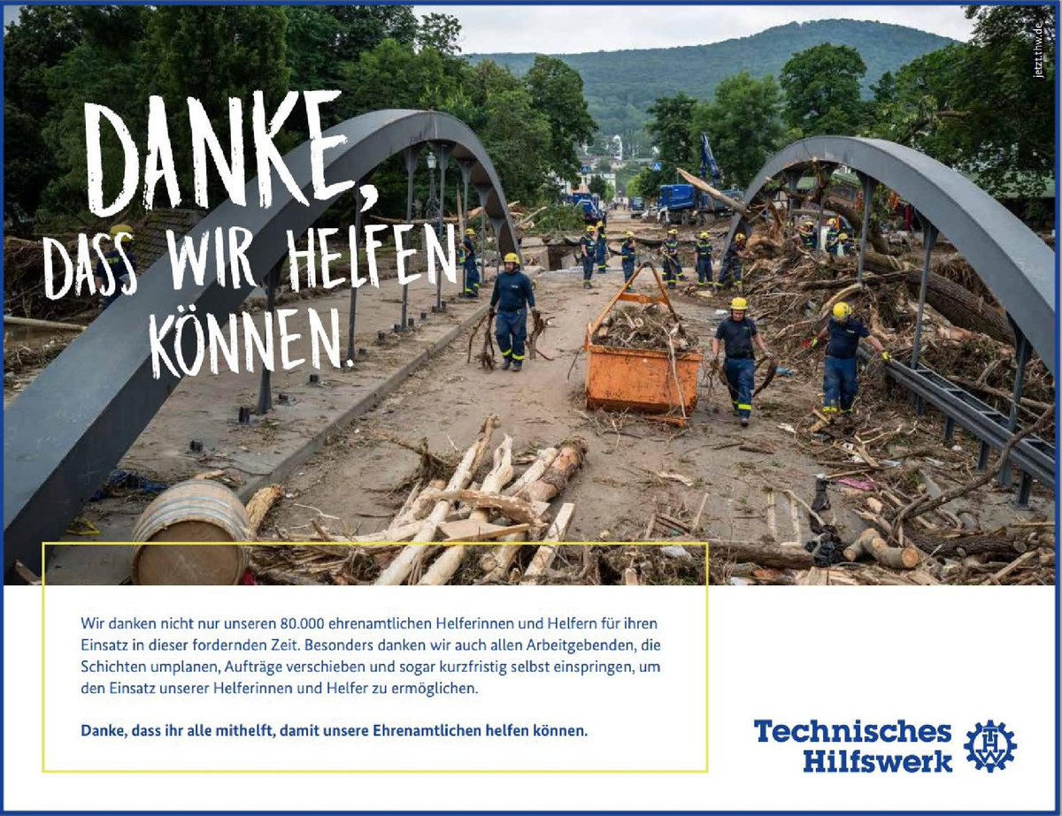 Danke an alle Arbeitgebenden, Kolleginnen und Kollegen, die unseren Einsatzkräften den Rücken frei halten, damit sie überhaupt helfen können.

Ohne euch ginge es nicht.