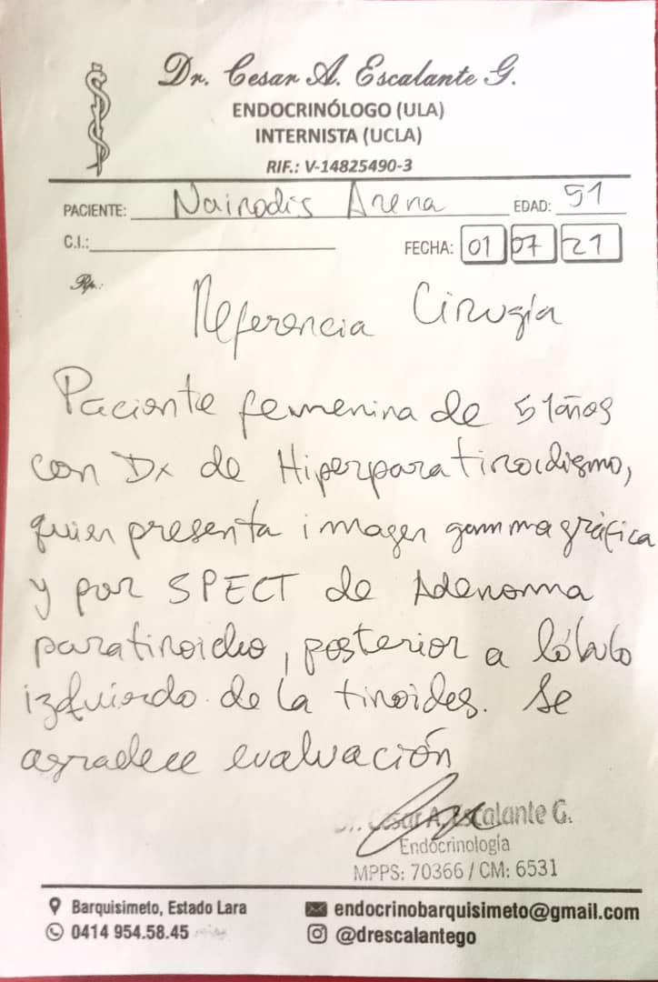 Buenas noches Gob.<a href="/AdolfoP_Oficial/">Adolfo Pereira Gobernador</a>  . Solicito de su ayuda por mi familiar que la operen esta a la espera de una cirugía de Nódulo Paratiroidea. Ya tiene los materiales solicitados, ayúdeme por Hospital Militar o Seguro Social 04145055292 - 04127920222- 04265544777 <a href="/NicolasMaduro/">Nicolás Maduro</a>