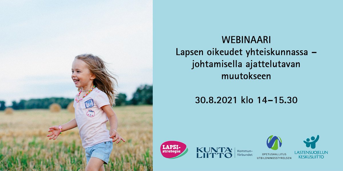 lastensuojeluKL's tweet photo. Minkälaista johtajuutta tarvitaan, jotta jokainen lapsi voisi loistaa ja nauttia oikeuksistaan?

Vielä ehtii ilmoittautua mukaan webinaariin! Lapsen oikeudet yhteiskunnassa – johtamisella ajattelutavan muutokseen 30.8. klo 14-15.30.

👉 https://t.co/fqVVgfAScZ

#LapsenOikeudet https://t.co/HOcVaQ3Abw