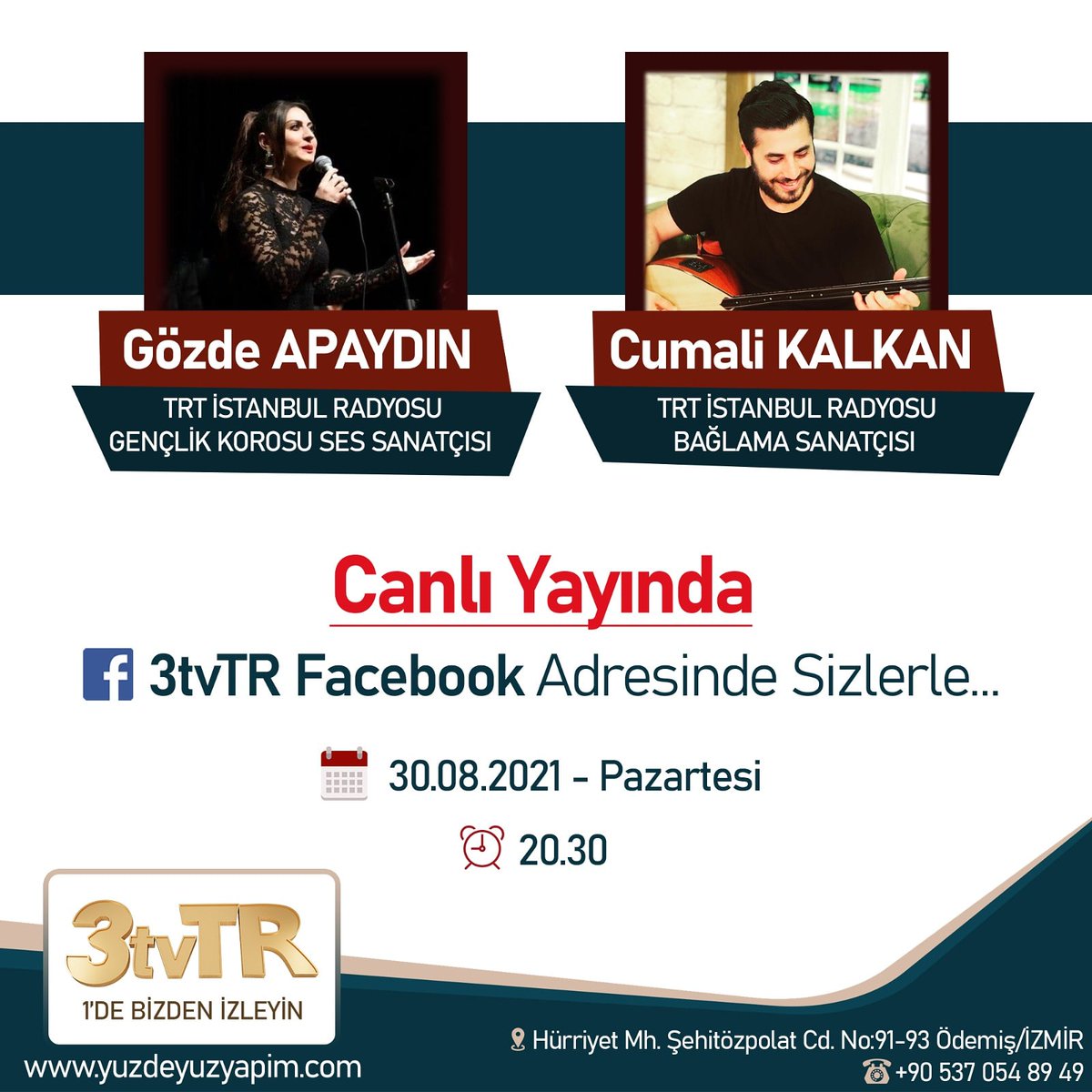 GÖZDE APAYDIN - TRT İSTANBUL RADYOSU GENÇLİK KOROSU SES SANATÇISI VE CUMALİ KALKAN - TRT İSTANBUL RADYOSU BAĞLAMA SANATÇISI

30 AĞUSTOS SAAT 20.30'DA 3tvTR FACEBOOK SAYFAMIZDA CANLI YAYINDA! BU KEYİFLİ CANLI YAYINI SAKIN  KAÇIRMAYIN...
#müzik 
#CumaliKalkan 
#GözdeApaydın