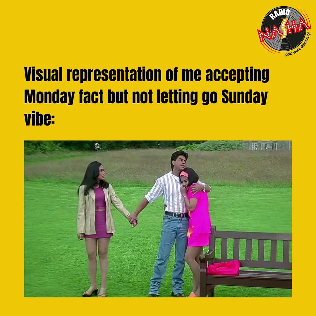 RadioNashaIndia's tweet photo. Dimag mein Monday, dil mein Sunday 😂😂
#monday #mondaymeme #mondaymemes #mondaymotivation #sunday #sundayvibe #sundayvibes #sundayfunday #miss #missing #fun #missingfun #meme #memes #kajol #rani #shahrukh #sharukhkhan #srk #kuchkuchhotahai #bollywood #bollywoodmovie https://t.co/oUitktfAfG