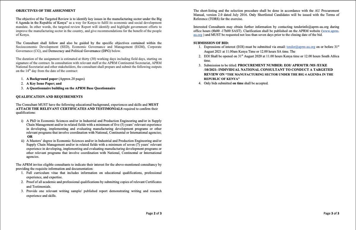 Individual National Consultant to Conduct a Targeted Review on: “The Manufacturing Sector Under the Big 4 Agenda in the Republic of Kenya”