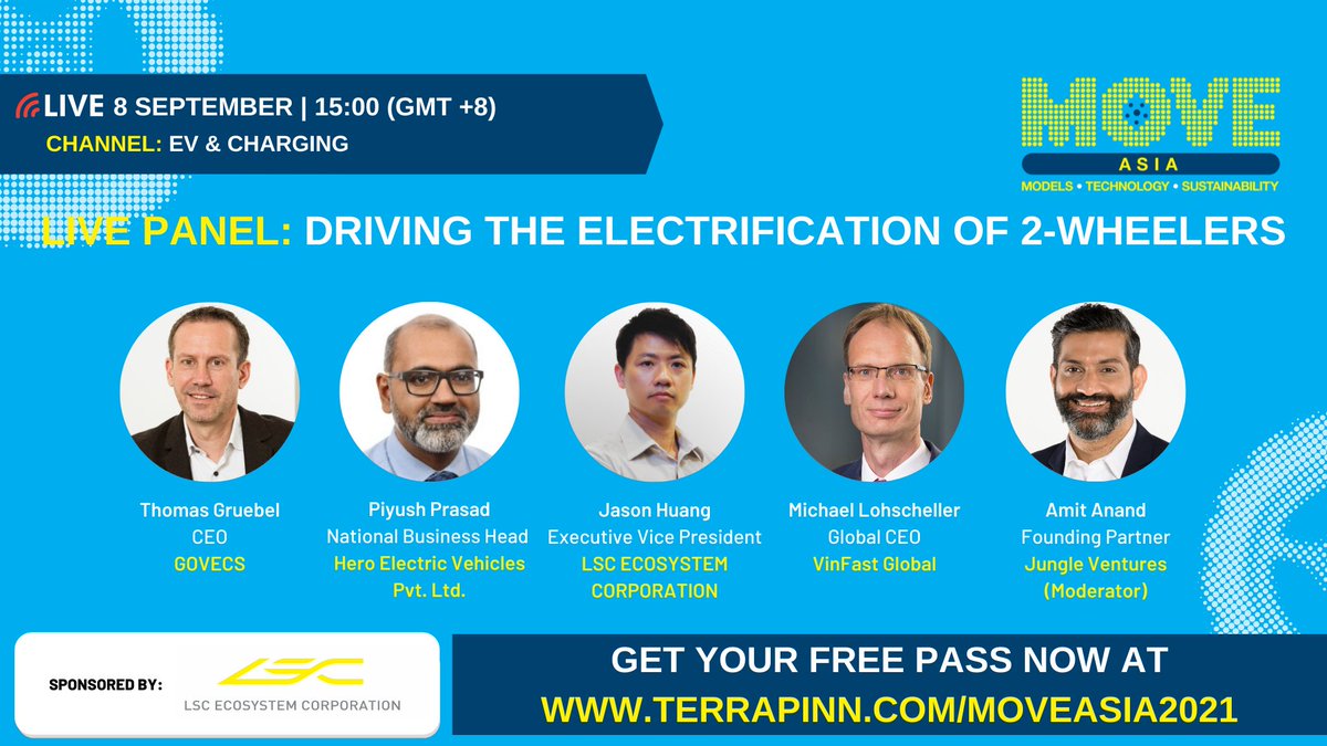 EVChargeLiveTH's tweet photo. What are the drivers driving the electrification of 2-wheelers? Find out from our #EV &amp; Charging Experts from @GOVECS, @Hero_Electric, LSC ECOSYSTEM CORPORATION, @VinFastofficial  &amp; Jungle Venture at #MOVEAsia. 

Book your free virtual pass at: https://t.co/Tfgy7YNooC https://t.co/PzvlOctntY