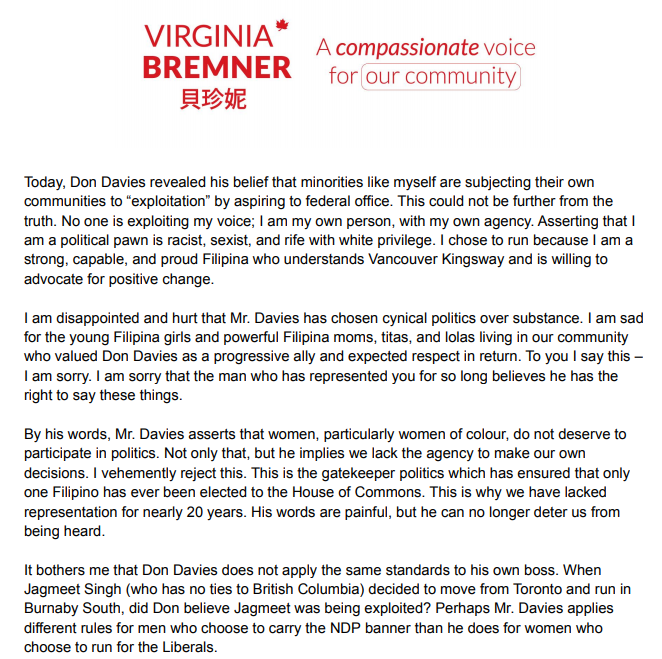 VirginiaBremner's tweet photo. 2 - To claim that I lack agency to make my own decisions is sexist, racist, and rife with white privilege. It is an insult to me and all women and women of colour in politics. See my full statement here: https://t.co/n1MMLGV3hi https://t.co/AhiYMVzmdo