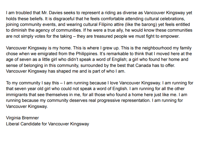 2 - To claim that I lack agency to make my own decisions is sexist, racist, and rife with white privilege. It is an insult to me and all women and women of colour in politics. See my full statement here: votevirginia.ca/2021/08/11/rep…