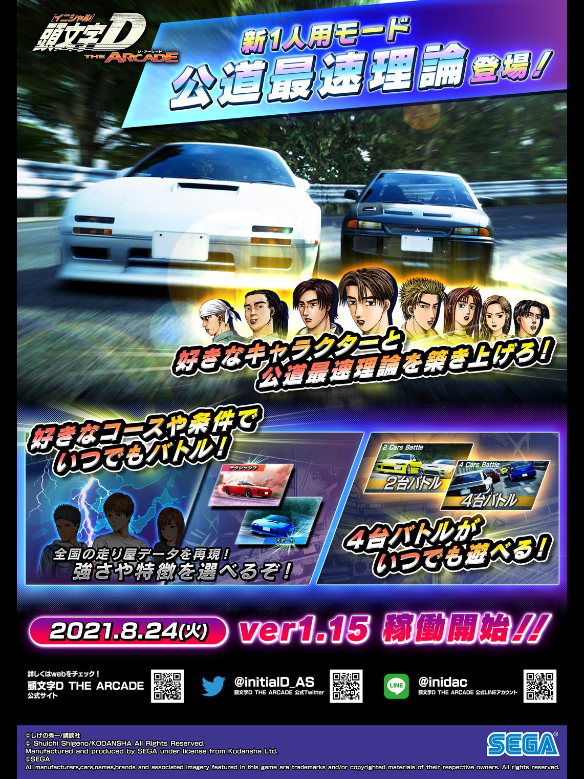 頭文字dac公式 3 17 木 シーズン2開幕 筑波登場 8 24 火 Ver 1 15稼働開始 新1人用モード 公道 最速理論 登場 好きなキャラクターをパートナーにできる 好きなコースや条件でいつでもバトル 全国の走り屋データを再現 4台