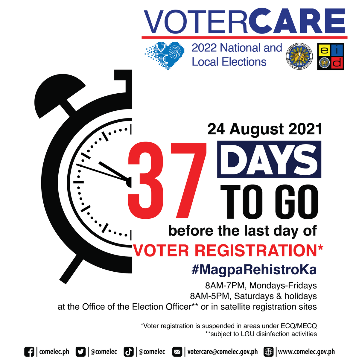 COMELEC's tweet photo. Today is 24 August 2021 and there are only 37 days before the last day of voter registration! #MagpaRehistroKa na!

#VoterCare #NLE2022 #VoterReg2021Countdown https://t.co/5CbzR4zqhX