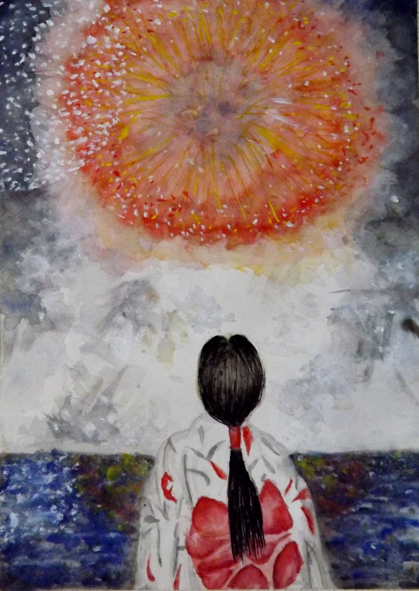 源太郎 夏の花火を描いてみました 海に映ってる感がわるいかな 水彩画 水彩 Watercolorpainting Watercolor 絵描きさんと繋がりたい