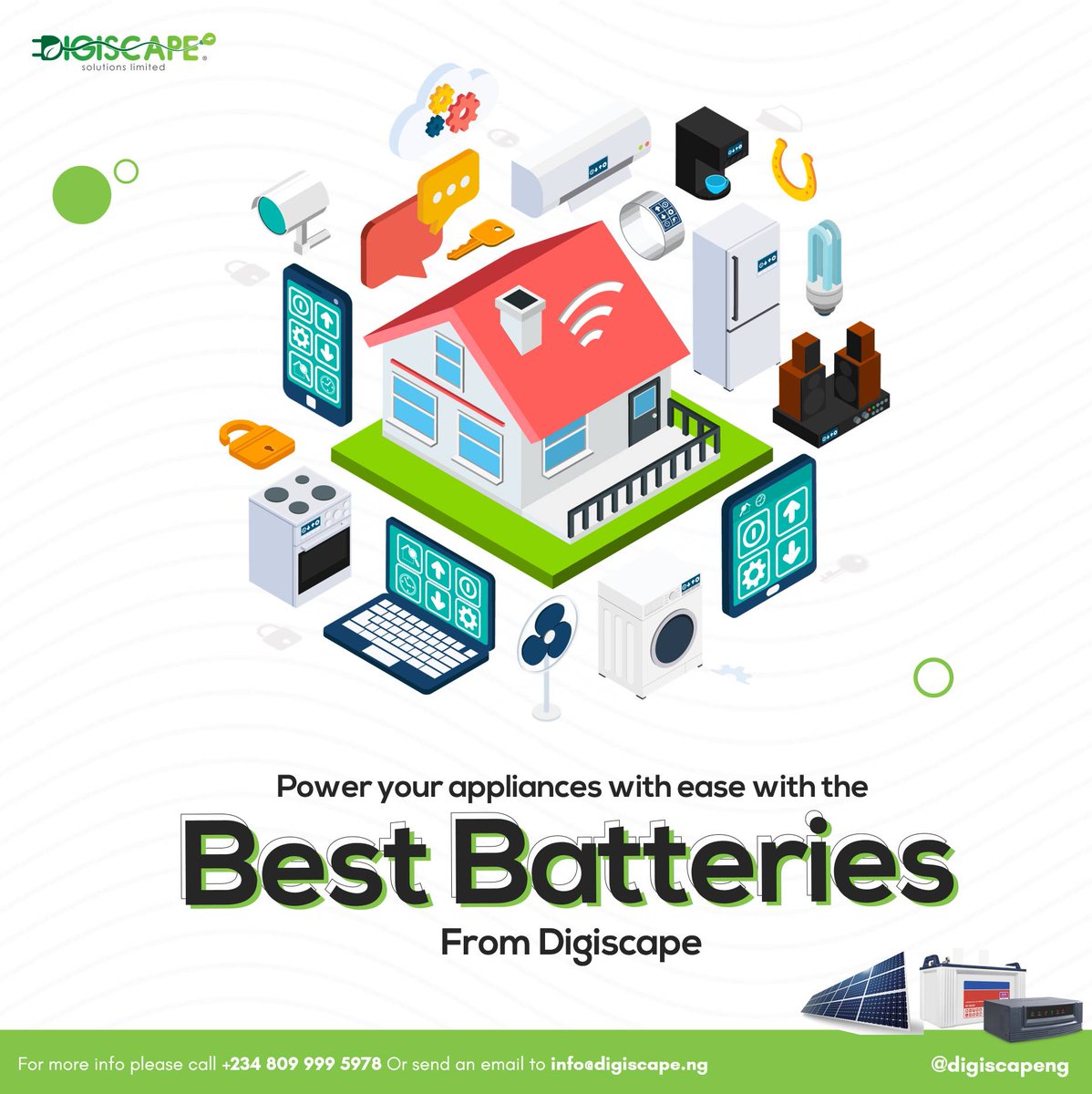 DigiScape Solutions Ltd (@digiscapeng) on Twitter photo Enjoy comfort with ease and get the best batteries to power up all your home appliances with Digiscape and pay within 3 months. 
Send us a DM or call +234 809 999 5978 to place your order today Enjoy comfort with ease and get the best batteries to power up all your home appliances with Digiscape and pay within 3 months. 
Send us a DM or call +234 809 999 5978 to place your order today
