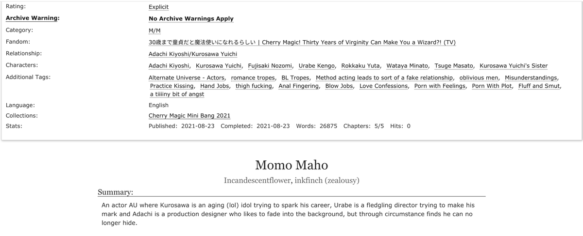 Incandescentfl's tweet photo. Excited to share my Cherry Magic Mini Bang 2021 Fic! With amazing art in it by @inkfinch!
I hope you enjoy a little *Momo Maho*!! 🍑🍑🍑
https://t.co/nVOU8gt7px
@cherrymagicbang https://t.co/EoxQ3CN84R