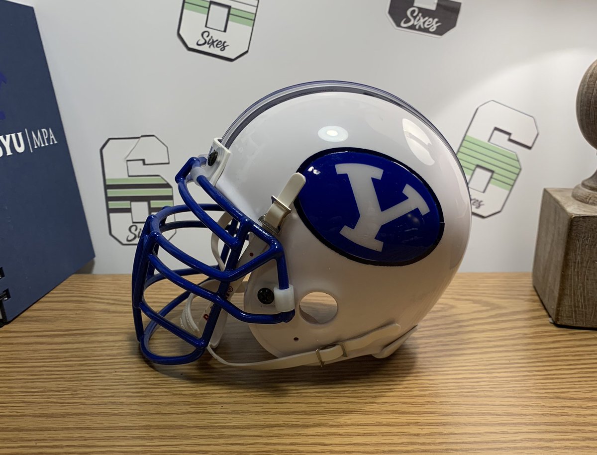 BYUhelmets's tweet photo. Finally got around to revising my 1998 mini helmet since the outside strips apparently were NAVY and not black… @byuequipment #byufootball #byucougars #gocougs #raerrawrrawr #robmorris #minihelmets https://t.co/U4qhYy88g3