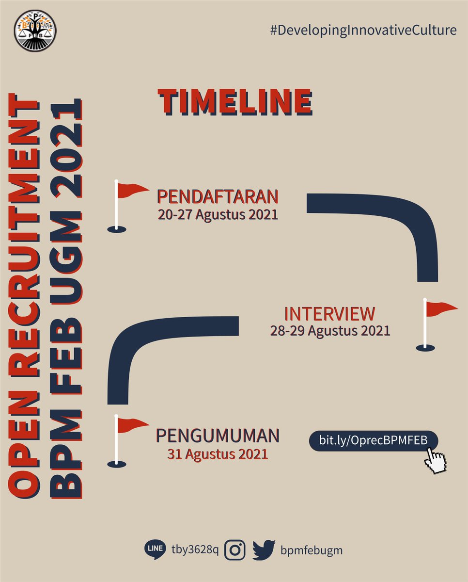 bpmfebugm's tweet photo. [TIMELINE OPREC BPM]

Halo, Legislator Muda 👋
Berikut adalah linimasa dari rangkaian Open Recruitment BPM FEB UGM 2021. Simak baik-baik yaa tanggalnya. Jangan sampai terlewat! 😉

Badan Kehormatan
BPM FEB UGM
#DevelopingInnovativeCulture
#VivaLegislativa https://t.co/i8QGIFefMi