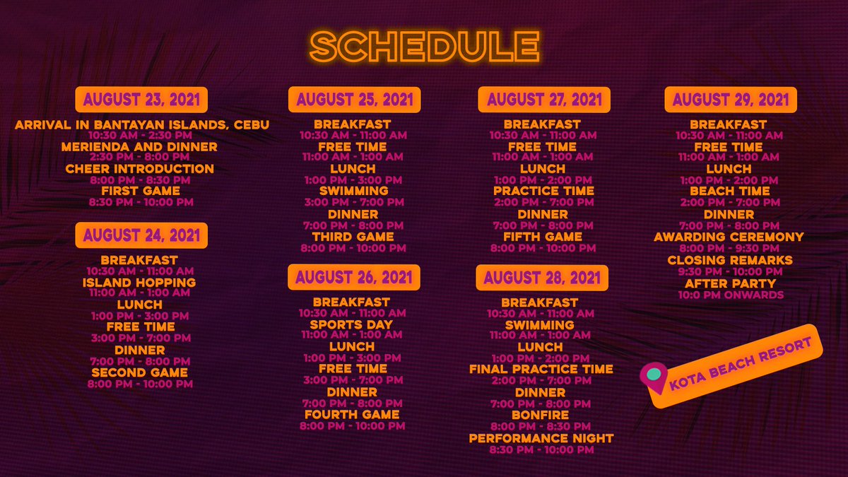 LACHIARPOffice's tweet photo. ㅤ
ㅤ
                     SCHEDULE
    CHIAROs GOES 2 CAMP SAWI
   AUGUST 23-29, 2021 from CEBU
ㅤ https://t.co/zQS8gezRDd