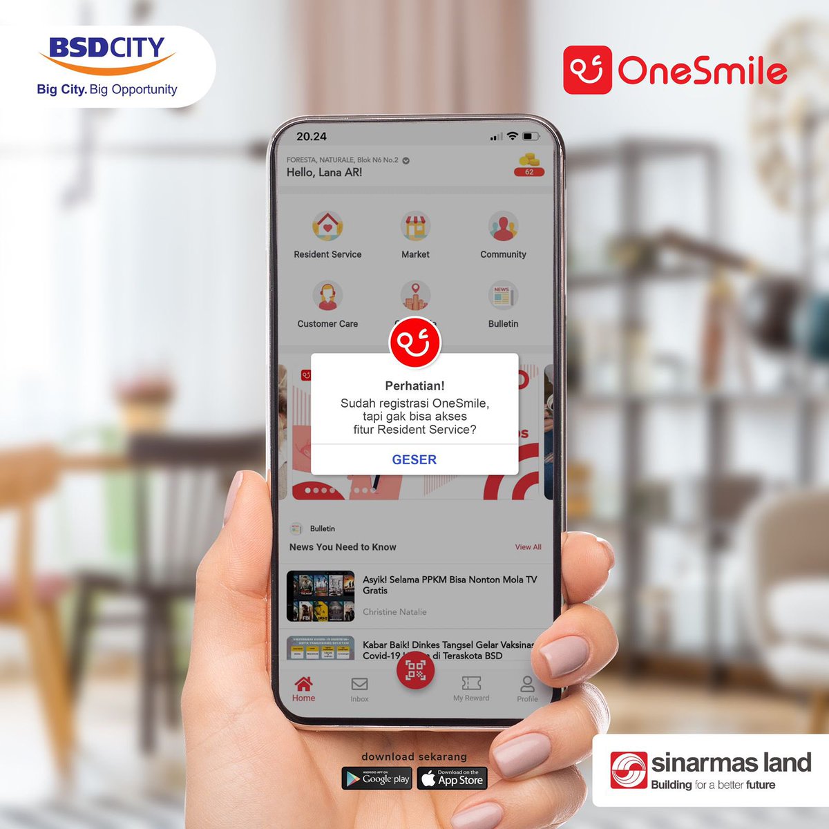 sinarmas_land's tweet image. Kamu warga BSD City dan sudah registrasi OneSmile tapi masih gak bisa akses fitur Resident Service?

Coba yuk disimak postingan berikut ini

Pastikan aplikasi One Smile kamu sudah update versi terbaru ya 😊

#OneSmile #OneSmileEveryday #BSDCity #SemuaAdadiOneSmile #PakaiOneSmile