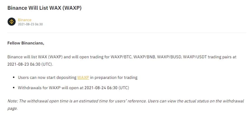 agtereshko's tweet photo. #Binance will list #WAX (#WAXP) and will open trading for WAXP/BTC, WAXP/BNB, WAXP/BUSD, WAXP/USDT trading pairs at 2021-08-23 06:30 (UTC).

https://t.co/3sQ09dZzLc https://t.co/LjawvFLk7W