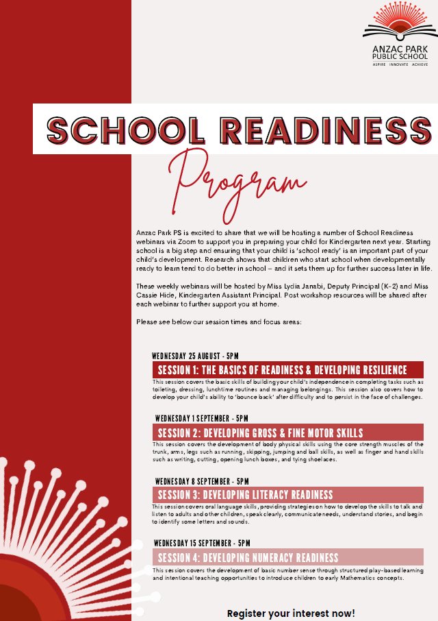Is your child starting Kindergarten in 2022?
Anzac Park PS is excited to share that we will be offering a number of School Readiness webinars via Zoom to support you in preparing your child for Kindergarten next year.
Register now to secure your spot!
