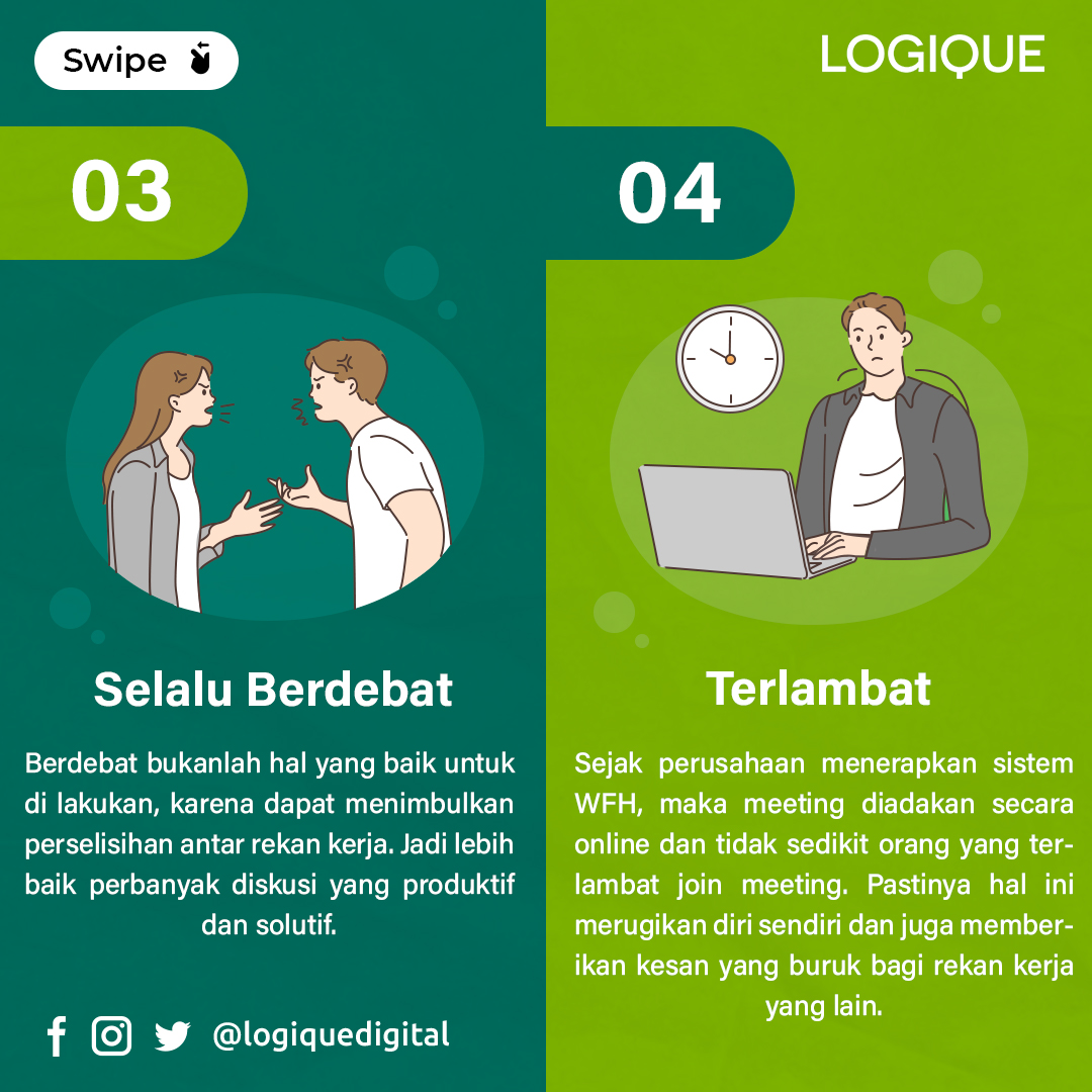 LogiqueDigital's tweet photo. Selalu Berdebat
Hal ini dapat menimbulkan perselisihan antar rekan kerja, jadi perlu dikurangi.

Terlambat
Hal ini merugikan diri sendiri dan juga memberikan kesan yang buruk bagi rekan kerja yang lain.

#debate #late #beinglate #wfh #WorkFromAnywhere #workfromhome #badhabits https://t.co/UfRqRf2Rwf